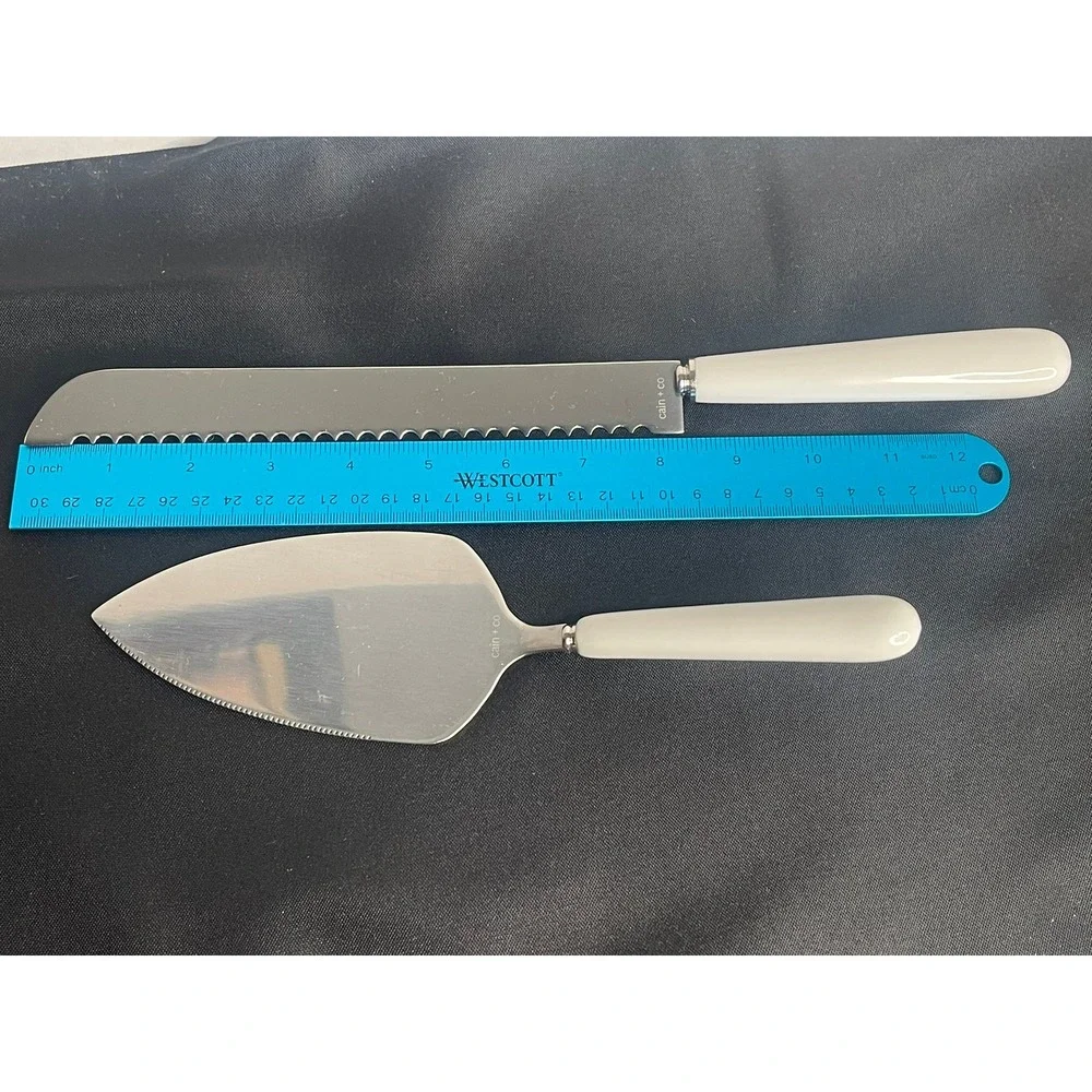 Cain Co Cake Knife Server Set Stainless Steel White Handle Serrated Bread Knife‎